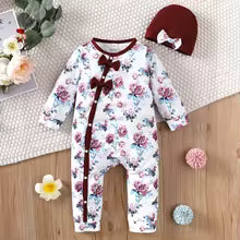 Baby girl Bodysuit open button floral full print long sleeved Bodysuit+Hat 0-24 months newborn Baby girl spring autumn Bodysuit